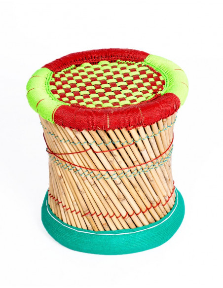 Braided Bamboo: Handcrafted Indian Stool | Flexible Rubber Base for Comfort