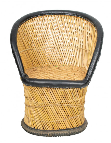 Jute armchair with faux leather details | Handcrafted in India | Comfort and ethnic style