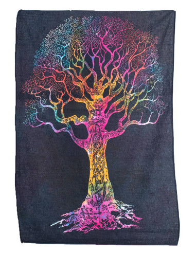Black Handmade Tapestry with Multicolored Tree...