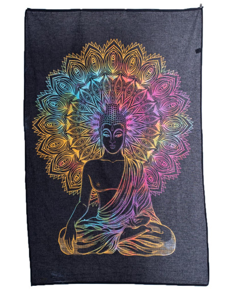 Black Handmade Tapestry with Multicolored Drawing of Meditating Buddha