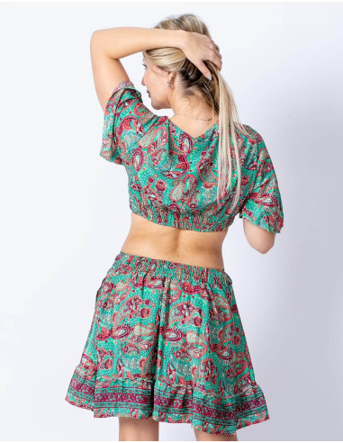 Kimago Green and Red Printed Silk Set