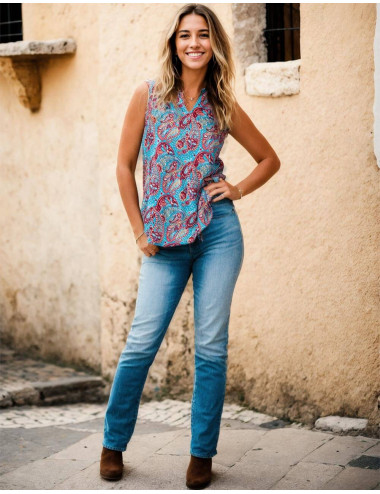 Light blue silk T-shirt with ethnic drawings