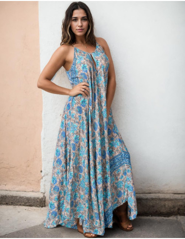 Light Blue Printed Silk Long Dress