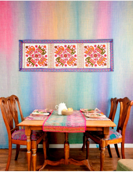 Rectangular Tapestry with Hand-Embroidered Elephants in a Circle – Kimago