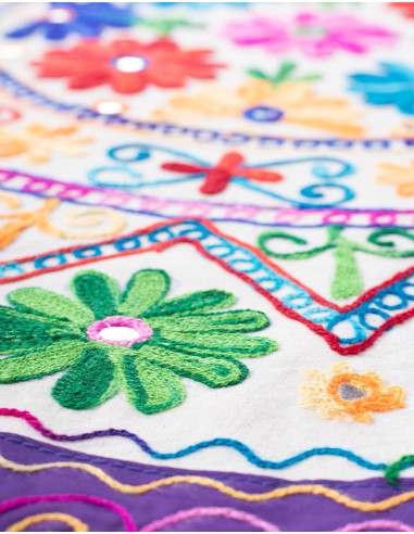 Round Tablecloth with Hand Embroidered Flowers...