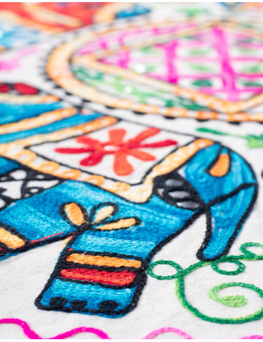 Round Tablecloth with Hand-Embroidered Elephants in a...