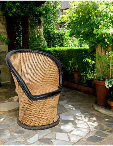 Jute armchair with faux leather details |...