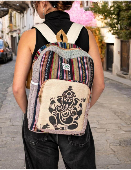 Trendy Unisex Hemp Backpack with Exclusive GANESHA Design - Indian Handicraft