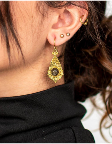 Hand-Carved Brass Earrings with Mineral Stone –...