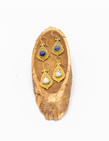 Hand-Carved Brass Earrings with Mineral Stone –...
