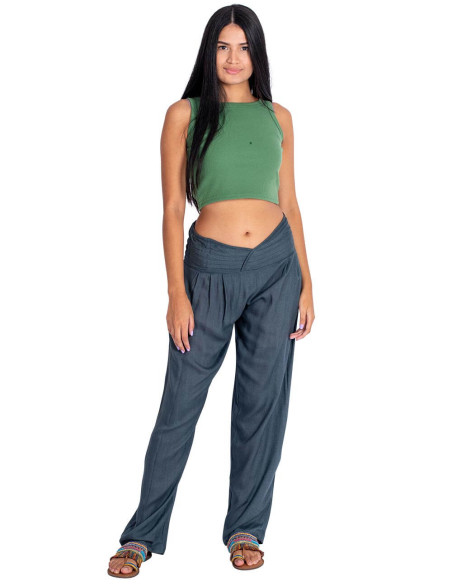 Gray Viscose Straight Trousers with Front V-Neck Detail – Kimago