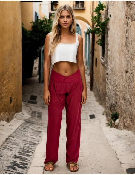 Kimago Burgundy Straight Pants with V-Neck and Elastic Waistband