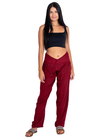 Kimago Burgundy Straight Pants with V-Neck and Elastic Waistband