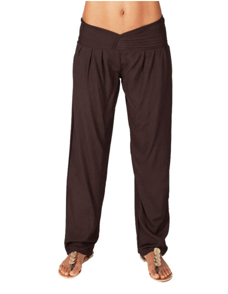 Kimago Chocolate Brown Straight Pants with V-Neck and Elastic Waistband