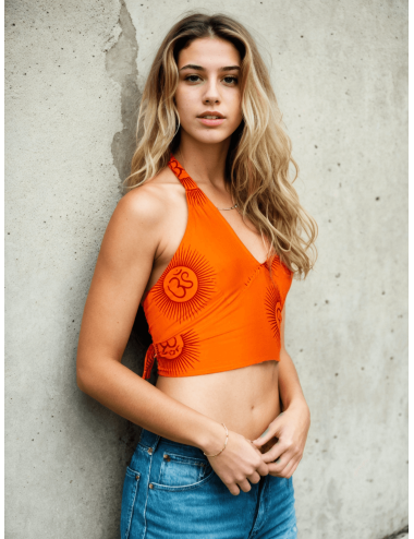 Kimago orange crop top with Sanskrit inscriptions
