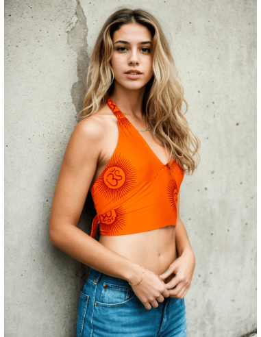 Kimago orange crop top with Sanskrit inscriptions