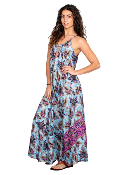 Kimago silk long dress with a floral print in light blue tones