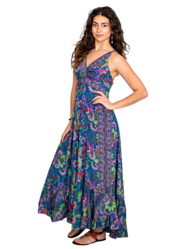 Kimago blue silk long dress with V-neck and...