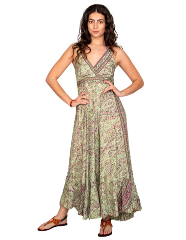 Light green Kimago silk long dress with V-neckline