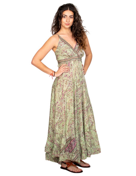 Light green Kimago silk long dress with V-neckline