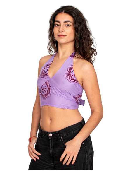 Kimago lilac crop top with Sanskrit inscriptions and bows