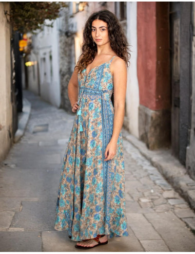 Kimago silk long dress with V-neck and adjustable straps