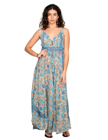 Kimago silk long dress with V-neck and...