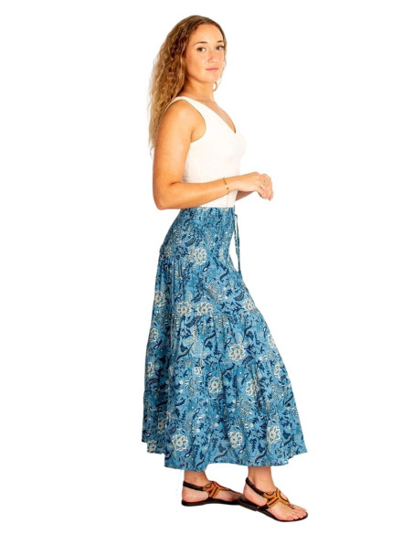 Long light blue skirt with Kimago cotton flowers