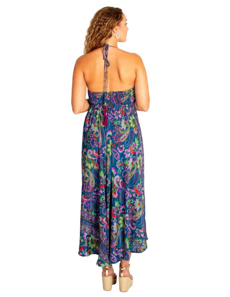 Kimago ethnic long dress in silk with adjustable straps