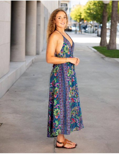 Vestido largo étnico Kimago en seda con tirantes regulables