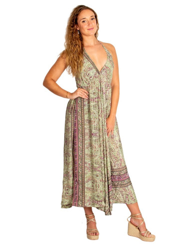 Vestido largo étnico verde de seda