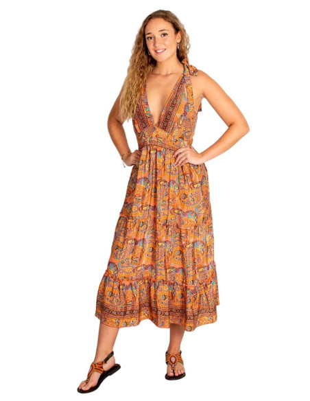 Kimago printed silk dress with laced straps