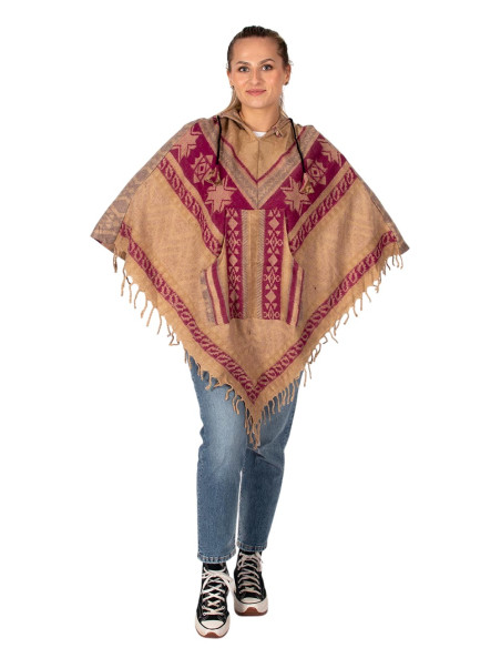 Ethnic cotton poncho with hood | Kimago