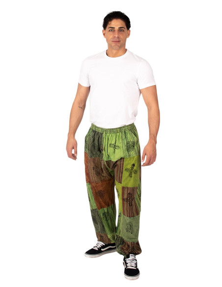 Kimago unisex patchwork green cotton harem pants