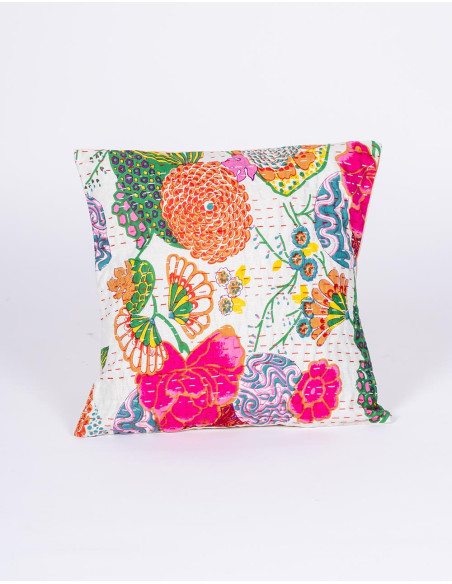 Handmade white cushion cover with printed flowers