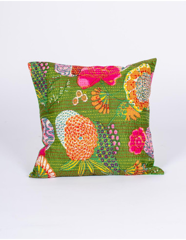 Handmade green cushion cover with printed flowers