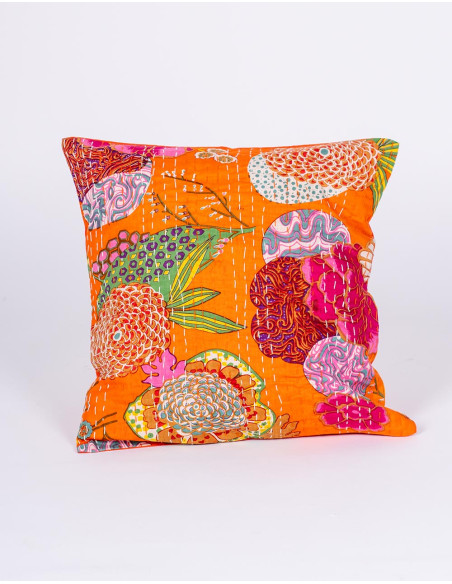 Handmade orange cushion cover with flowers