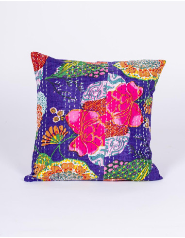 Handmade purple cushion cover with printed flowers
