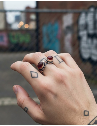 Silver open ring with double stone