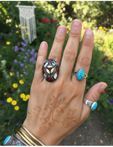 Large ethnic ring with natural stones