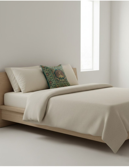 Green cushion cover with ethnic peacock design, 40x40