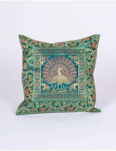 Green cushion cover with ethnic peacock design,...