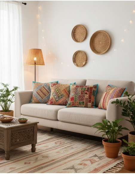 Embroidered ethnic light blue cushion cover