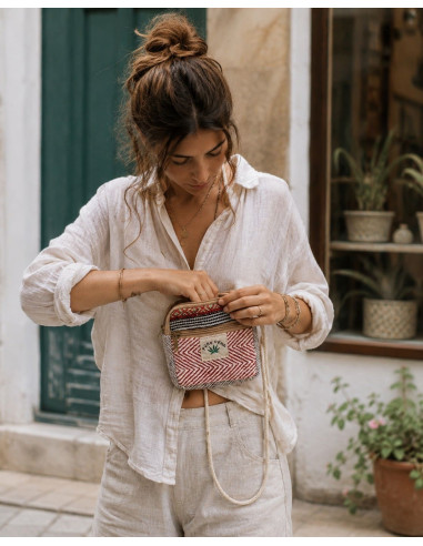 Square Hemp Crossbody Bag with Ethnic Prints |...