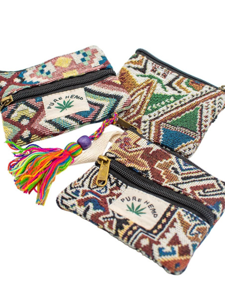 Handmade Rectangular Hemp Coin Purse with Colorful Pom-Pom | Kimago