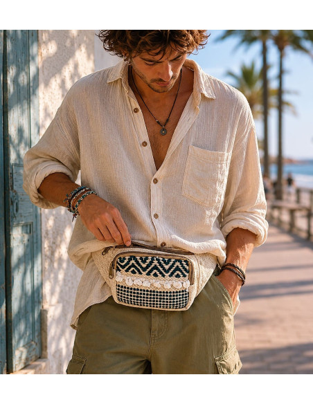 Boho Cotton Fanny Pack with Fringe and Pom-Poms | Kimago