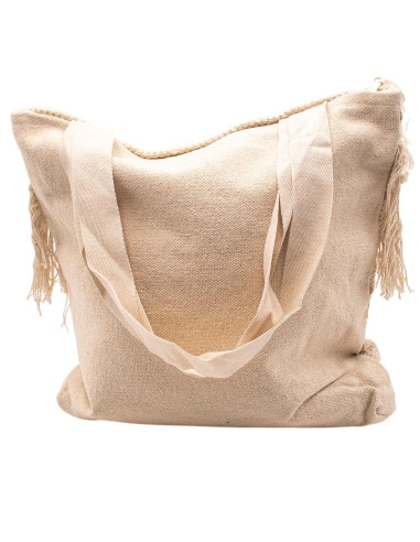 Boho Beige and Bone Bag with Fringe and Pom-Poms