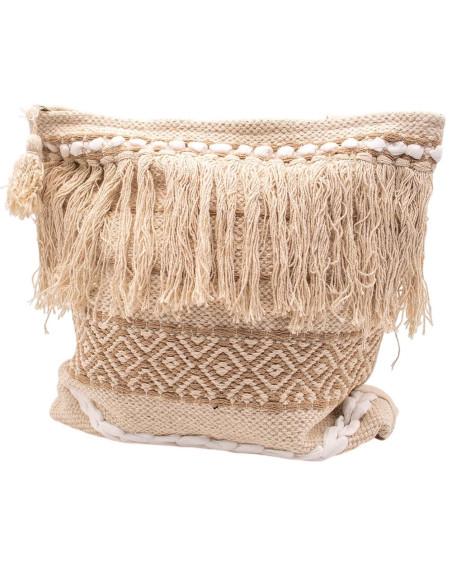 Boho Beige and Bone Bag with Fringe and Pom-Poms