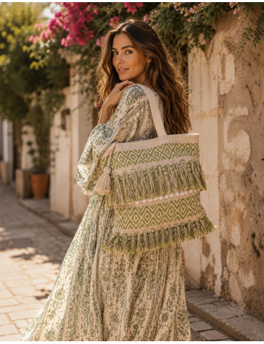 Light Green Boho Bag with Fringe and Handmade Details