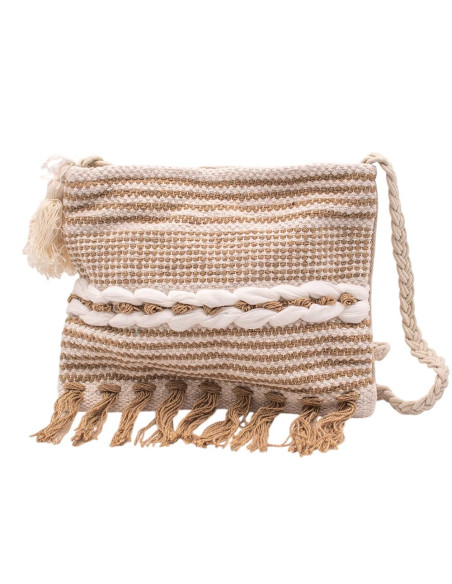 Boho Beige Bag with Fringe and Pom-Poms